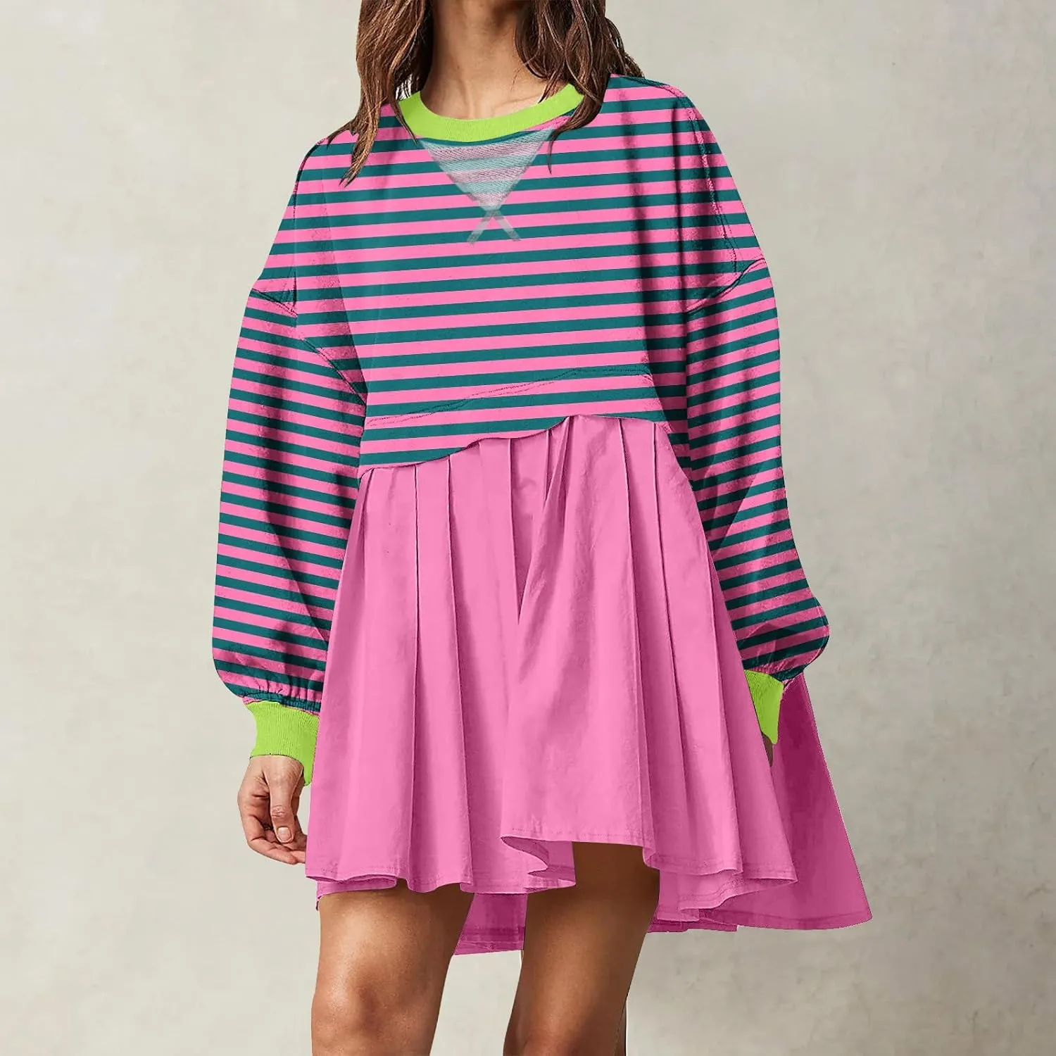 Women Sweatshirts Dress Oversized Striped Long Sleeve Crewneck Pullover Tops Casual Mini Dress Fall Outfits 2024