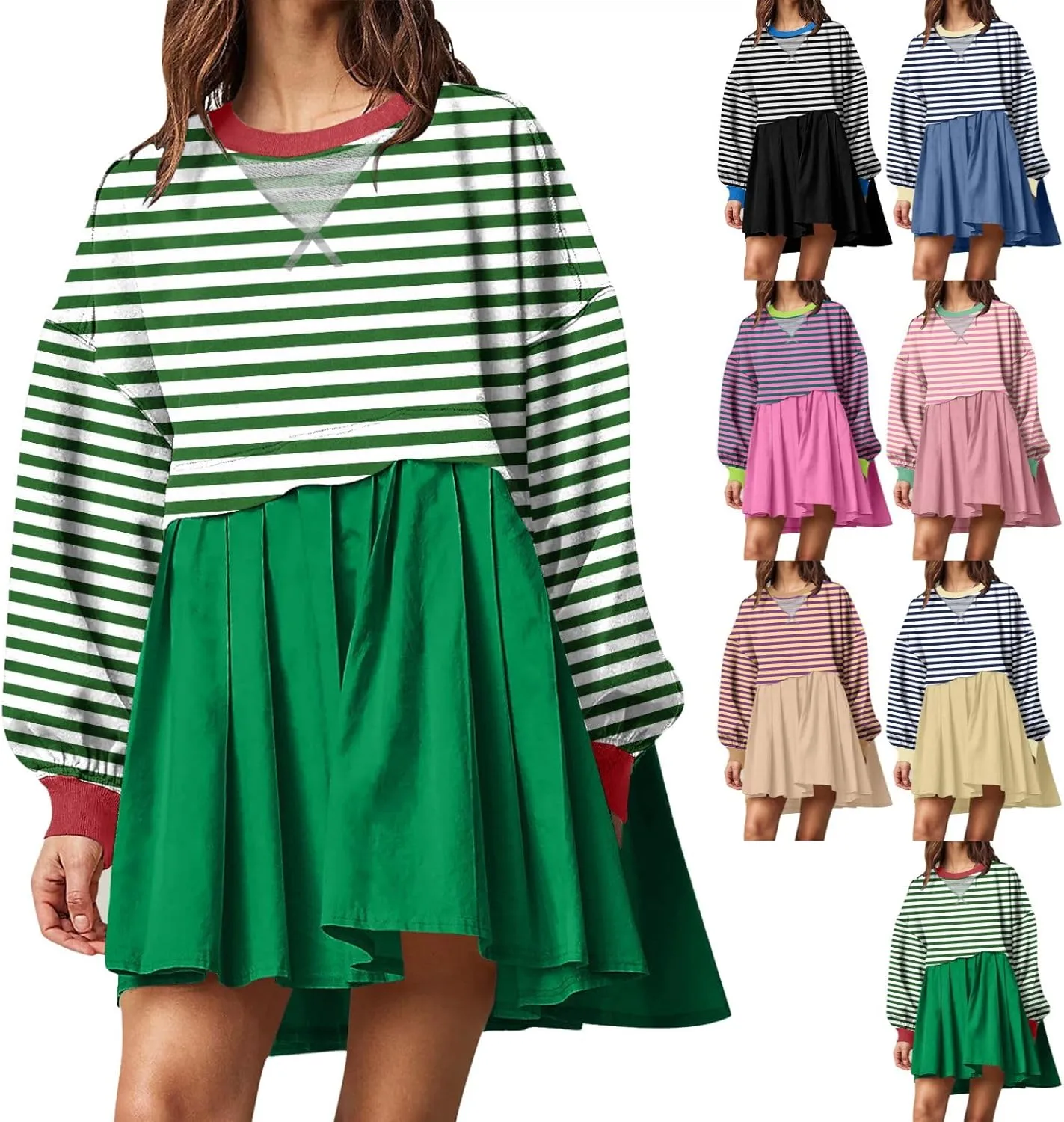 Women Sweatshirts Dress Oversized Striped Long Sleeve Crewneck Pullover Tops Casual Mini Dress Fall Outfits 2024