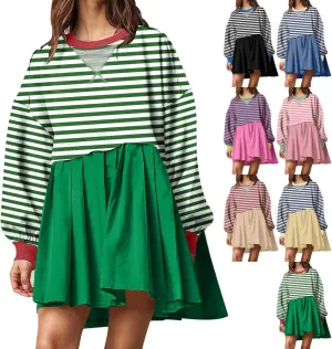 Women Sweatshirts Dress Oversized Striped Long Sleeve Crewneck Pullover Tops Casual Mini Dress Fall Outfits 2024