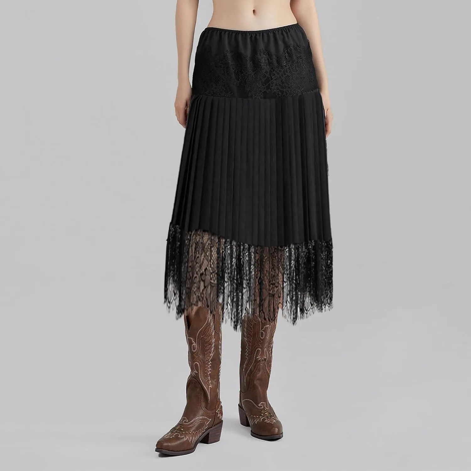 Women Y2K Black White Lace Maxi Skirt Low Rise Half Slip Underskirt Ruffle Pleated Layered Flowy Long Skirts