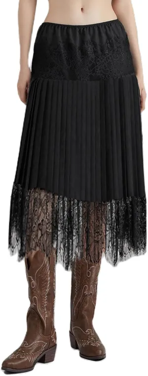 Women Y2K Black White Lace Maxi Skirt Low Rise Half Slip Underskirt Ruffle Pleated Layered Flowy Long Skirts