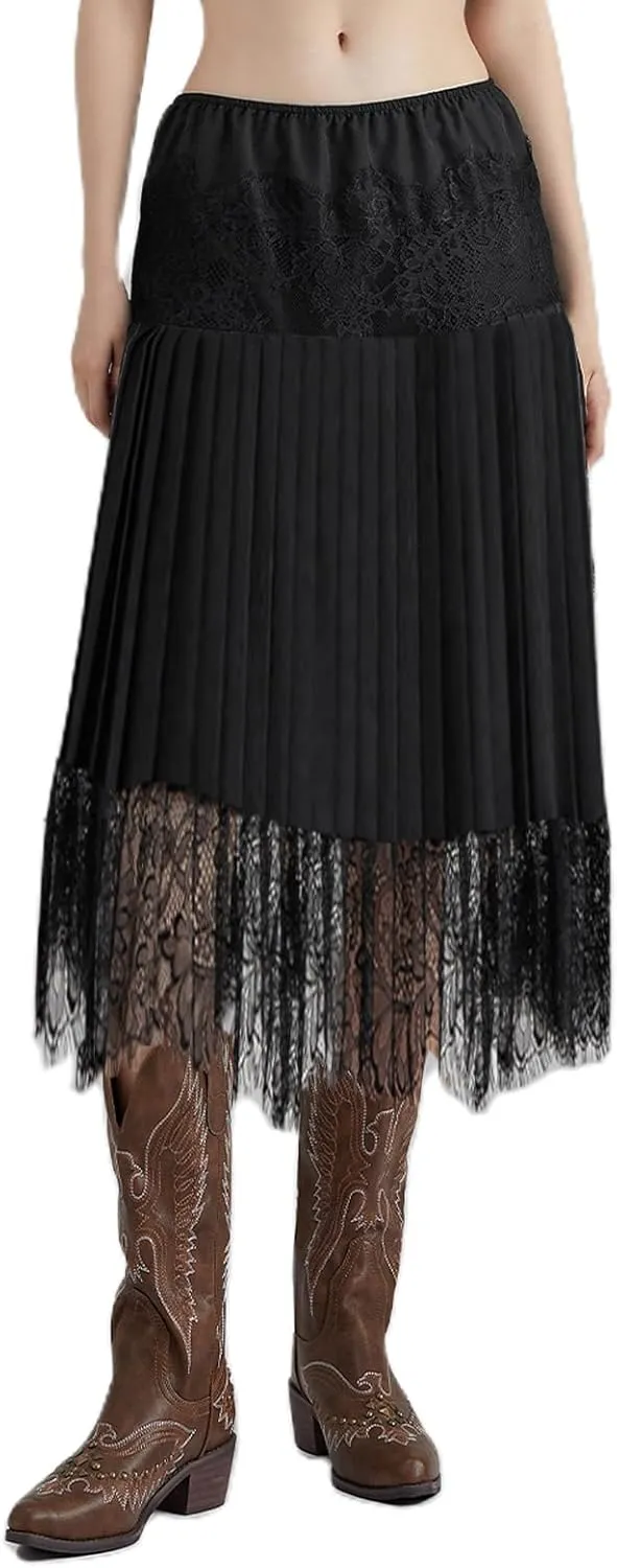 Women Y2K Black White Lace Maxi Skirt Low Rise Half Slip Underskirt Ruffle Pleated Layered Flowy Long Skirts