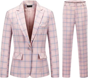 Womens 2 Piece Plaid Suits Set Business Office One Button Blazer Jacket Casual Long Sleeve Pant Suit Set