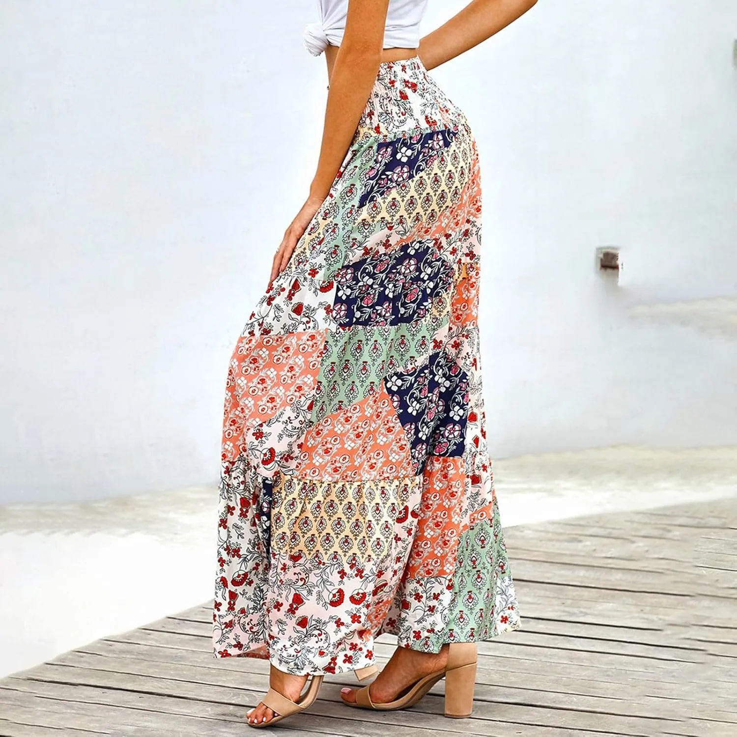 Women's 2025 Bohemian Long Skirts Print High Waist A Line Maxi Skirts Summer Casual Printed Pleated Ruffle Flowy Skirts