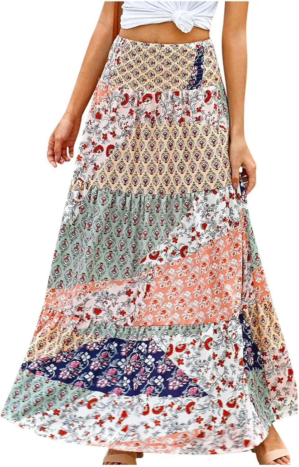 Women's 2025 Bohemian Long Skirts Print High Waist A Line Maxi Skirts Summer Casual Printed Pleated Ruffle Flowy Skirts