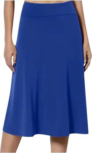 Womens Basic Solid Midi Skirts Casual Knee Length A-Line Skirt Lightweight Flare Pull On Closure Skirt Plus Size 3XL