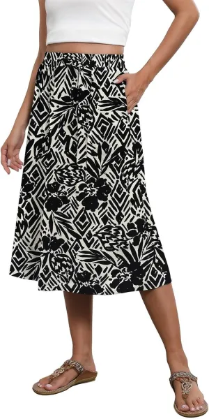 Women's Beach Vacation Clothes Casual Loose Trendy Elastic High Waist Floral Print Bohemian Maxi Skirts 2025, S-2XL