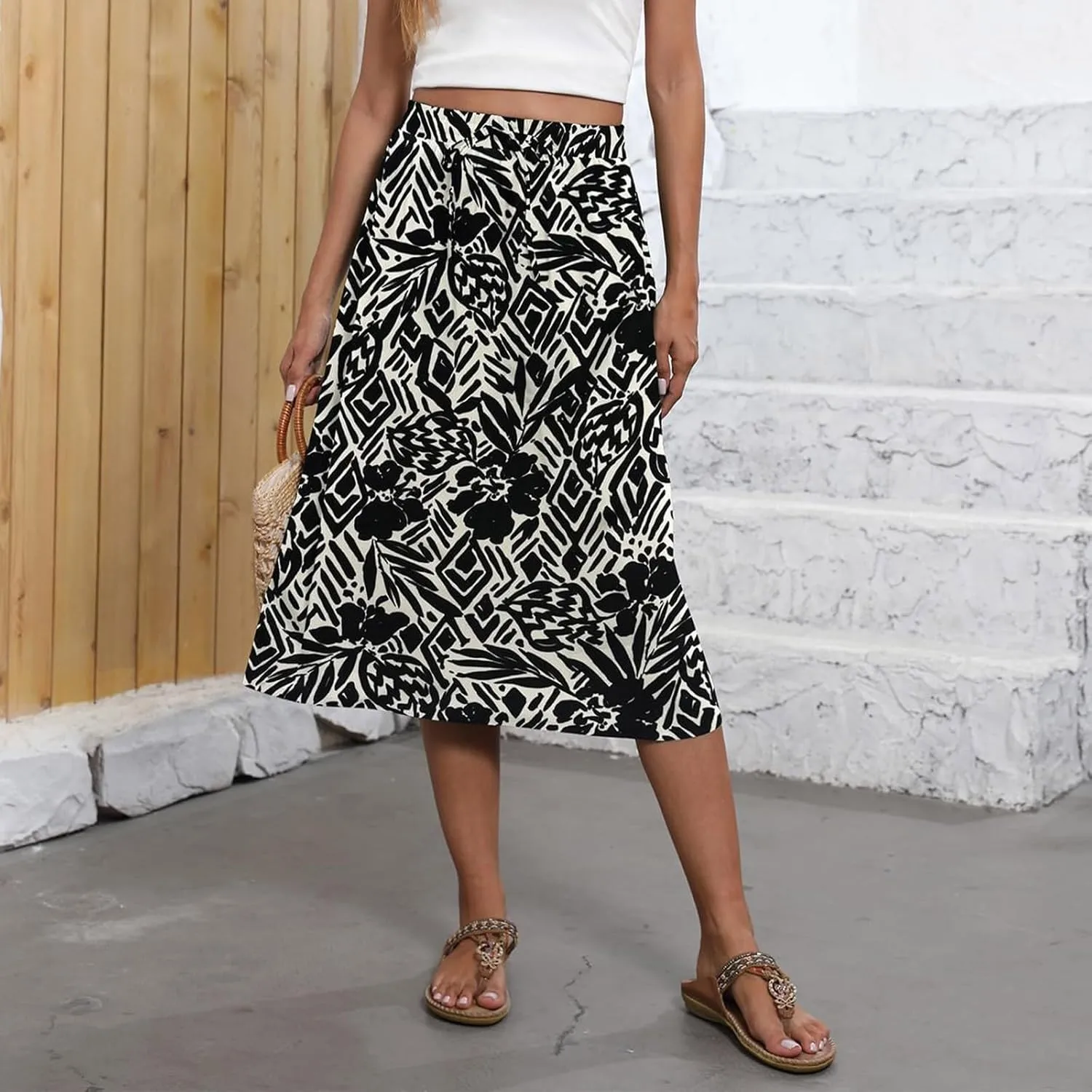 Women's Beach Vacation Clothes Casual Loose Trendy Elastic High Waist Floral Print Bohemian Maxi Skirts 2025, S-2XL