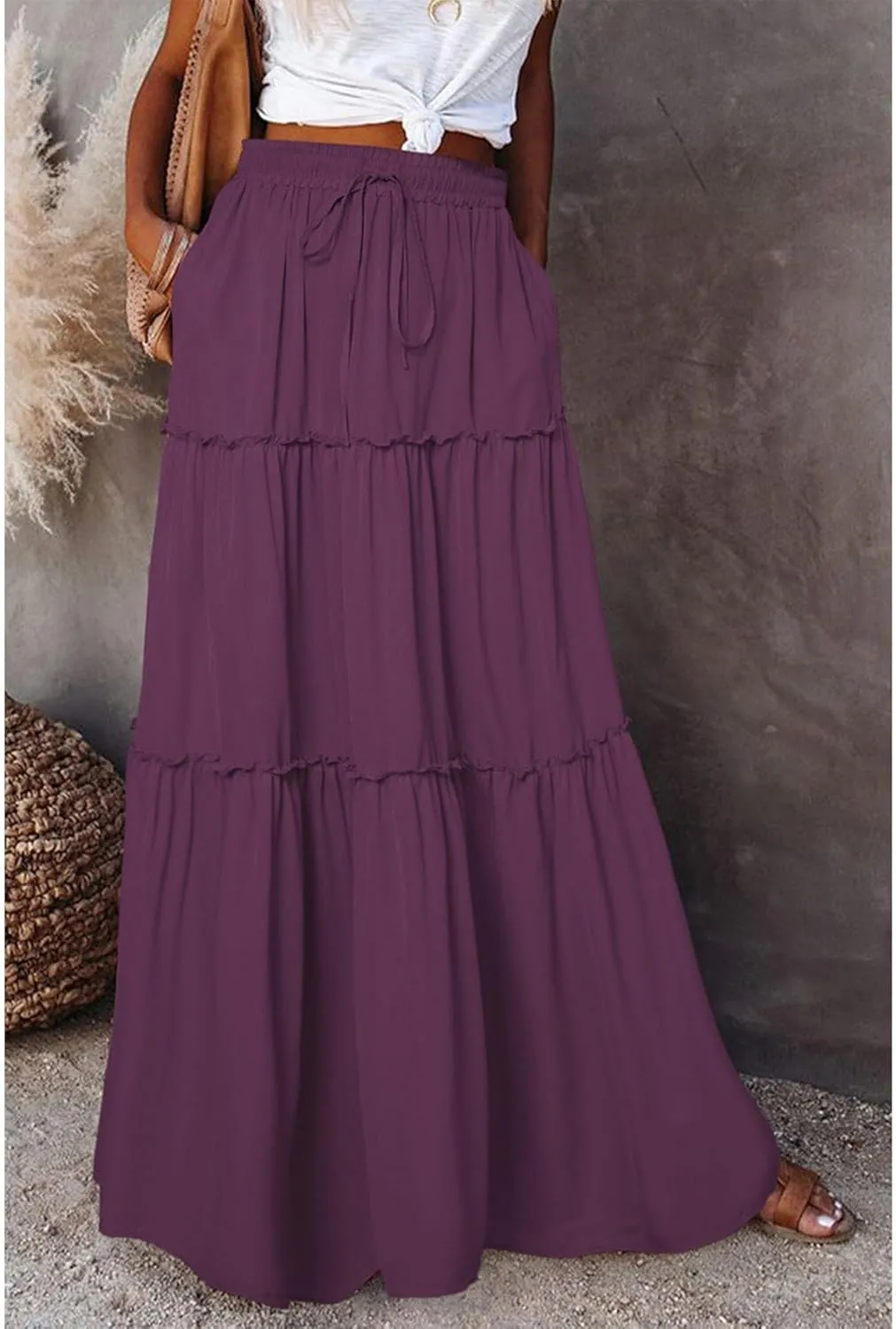 Womens Bohemian Long Maxi Skirt Elastic High Waist Flowy Swing A Line Ruffle Tiered Maxi Skirt Long Beach Skirts
