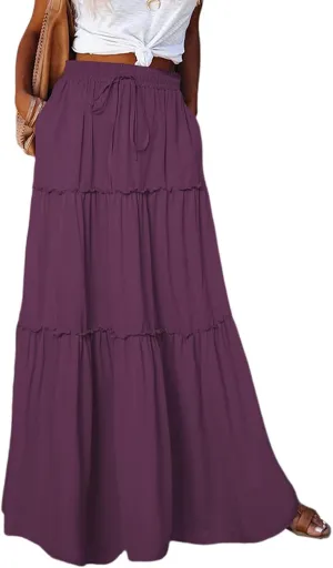 Womens Bohemian Long Maxi Skirt Elastic High Waist Flowy Swing A Line Ruffle Tiered Maxi Skirt Long Beach Skirts