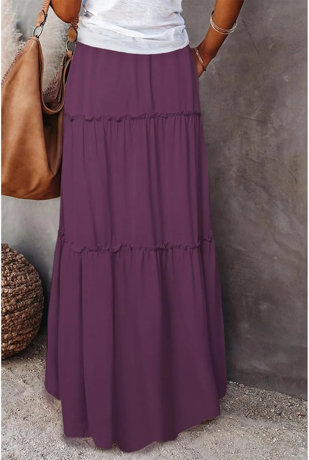 Womens Bohemian Long Maxi Skirt Elastic High Waist Flowy Swing A Line Ruffle Tiered Maxi Skirt Long Beach Skirts