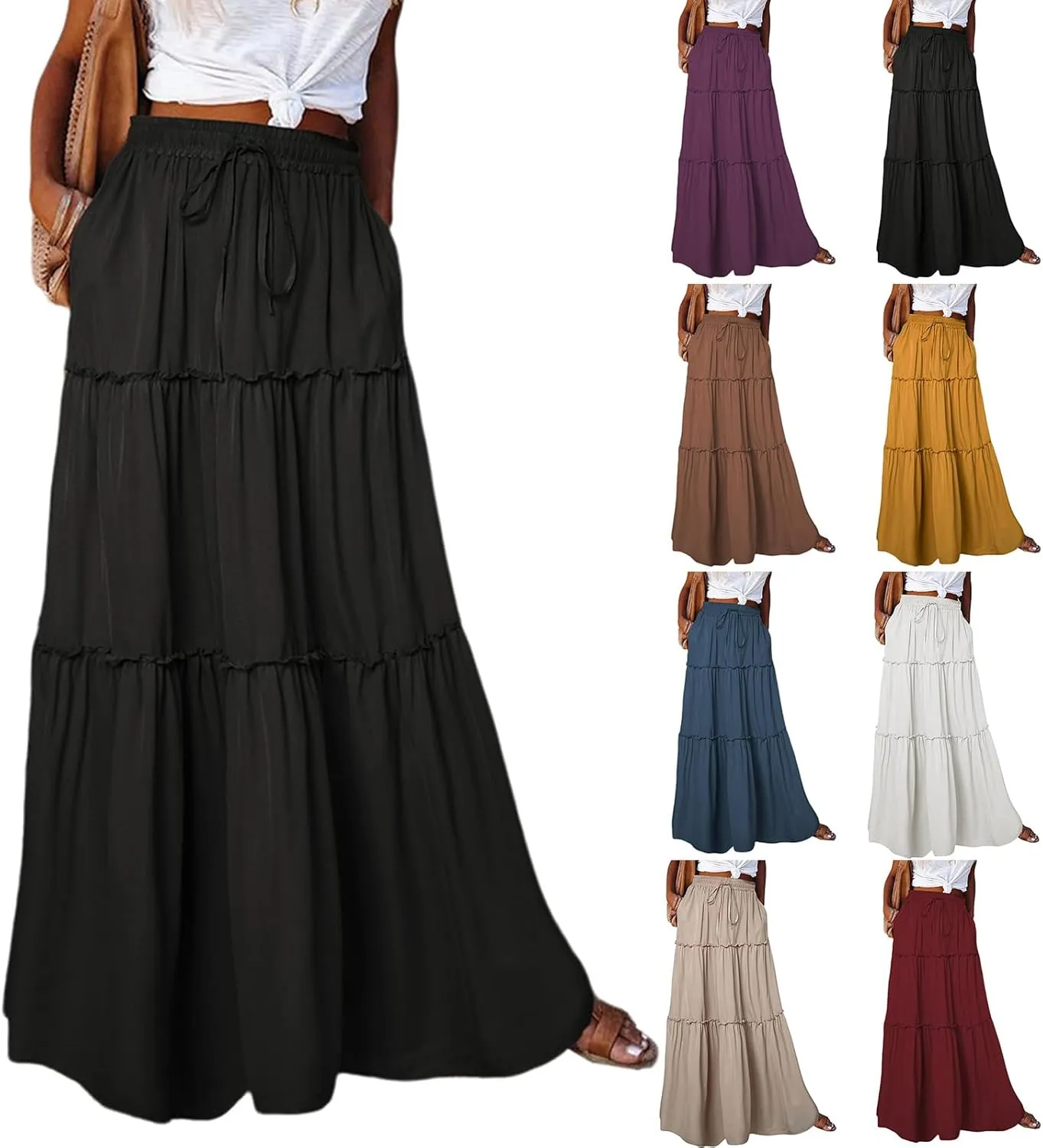 Womens Bohemian Long Maxi Skirt Elastic High Waist Flowy Swing A Line Ruffle Tiered Maxi Skirt Long Beach Skirts