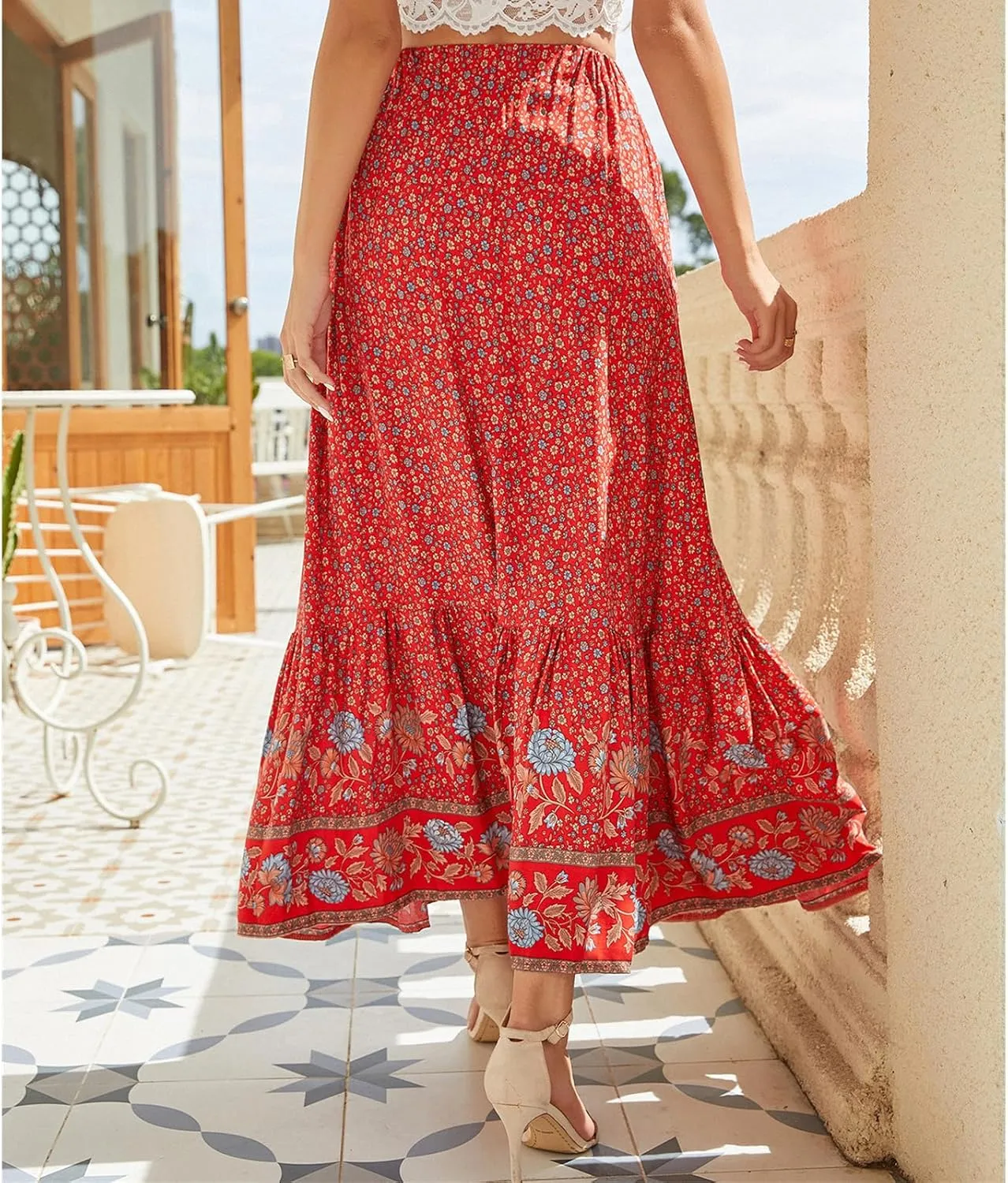 Womens Boho Floral Print Maxi Skirts Elastic High Waist Pleated A Line Maxi Skirt Botton Long Beach Skirt