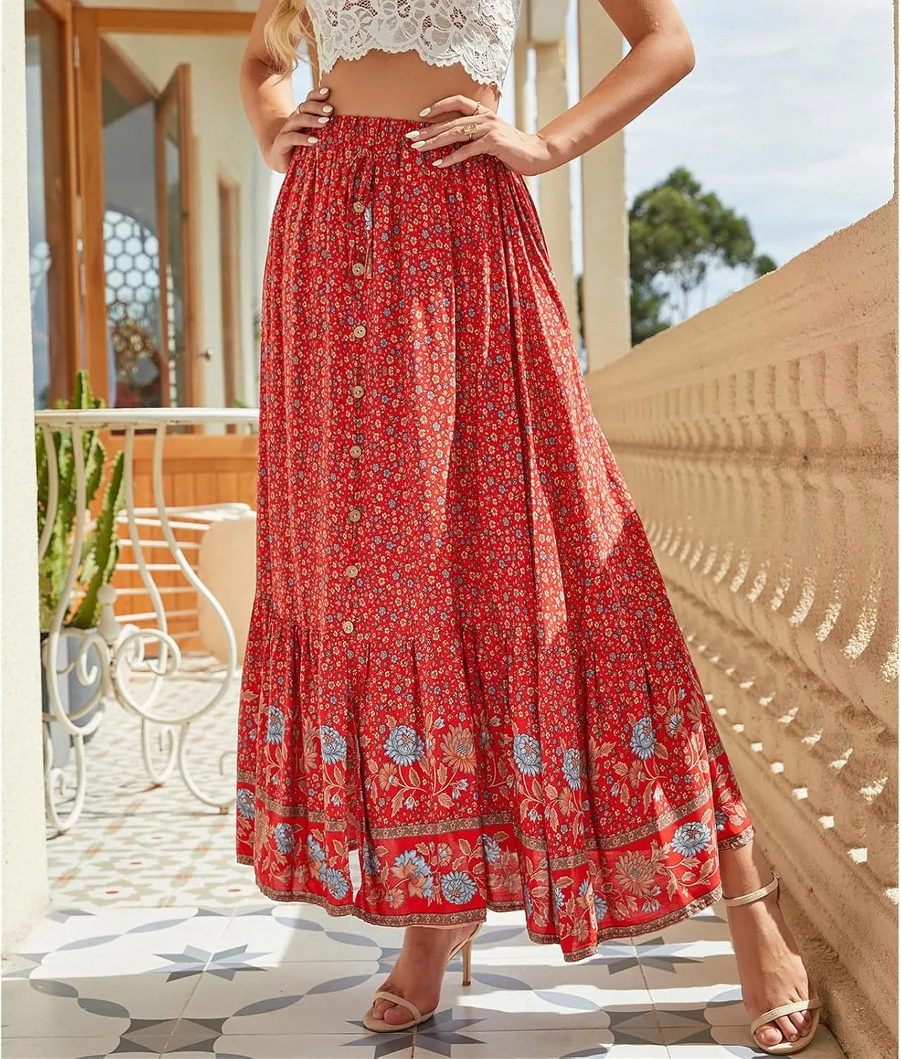 Womens Boho Floral Print Maxi Skirts Elastic High Waist Pleated A Line Maxi Skirt Botton Long Beach Skirt