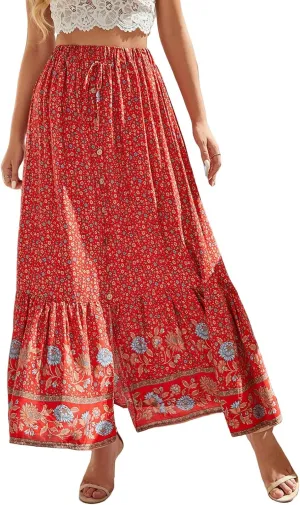Womens Boho Floral Print Maxi Skirts Elastic High Waist Pleated A Line Maxi Skirt Botton Long Beach Skirt