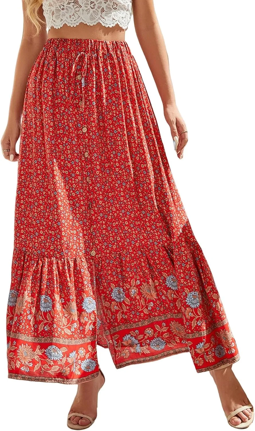 Womens Boho Floral Print Maxi Skirts Elastic High Waist Pleated A Line Maxi Skirt Botton Long Beach Skirt