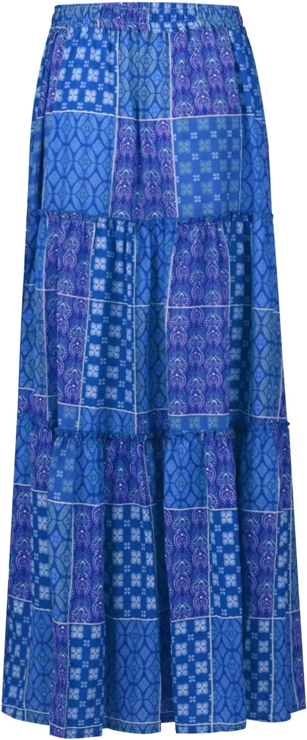 Womens Boho Floral Print Skirt Casual High Waist Tiered Maxi Skirts A Line Pleated Ruffle Flowy Long Skirt w/Pockets