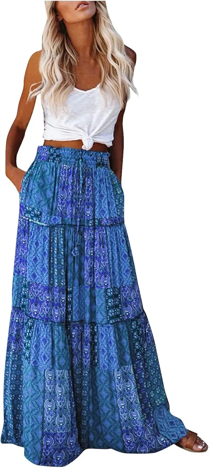 Womens Boho Floral Print Skirt Casual High Waist Tiered Maxi Skirts A Line Pleated Ruffle Flowy Long Skirt w/Pockets