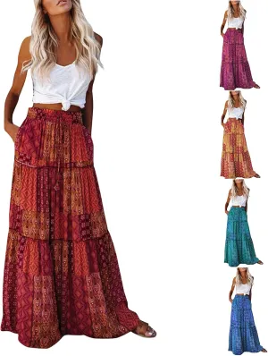 Womens Boho Floral Print Skirt Casual High Waist Tiered Maxi Skirts A Line Pleated Ruffle Flowy Long Skirt w/Pockets