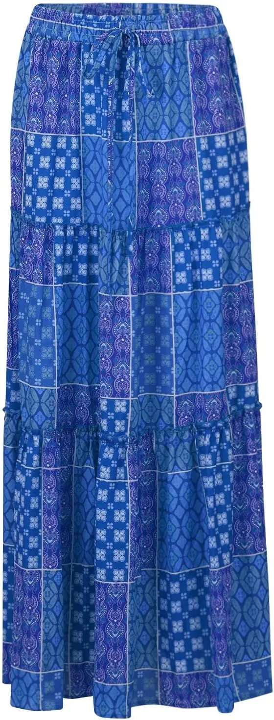 Womens Boho Floral Print Skirt Casual High Waist Tiered Maxi Skirts A Line Pleated Ruffle Flowy Long Skirt w/Pockets