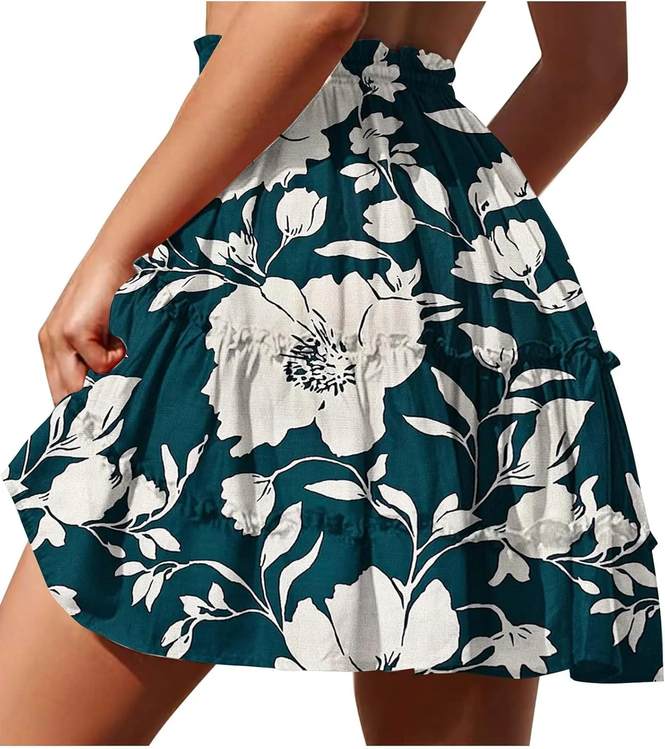 Womens Boho Floral Skirts Pleated Ruffle Tiered High Waisted Drawstring Summer Beach Vacation Mini Skirts