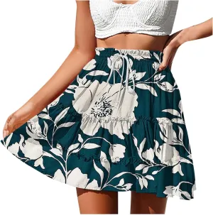 Womens Boho Floral Skirts Pleated Ruffle Tiered High Waisted Drawstring Summer Beach Vacation Mini Skirts