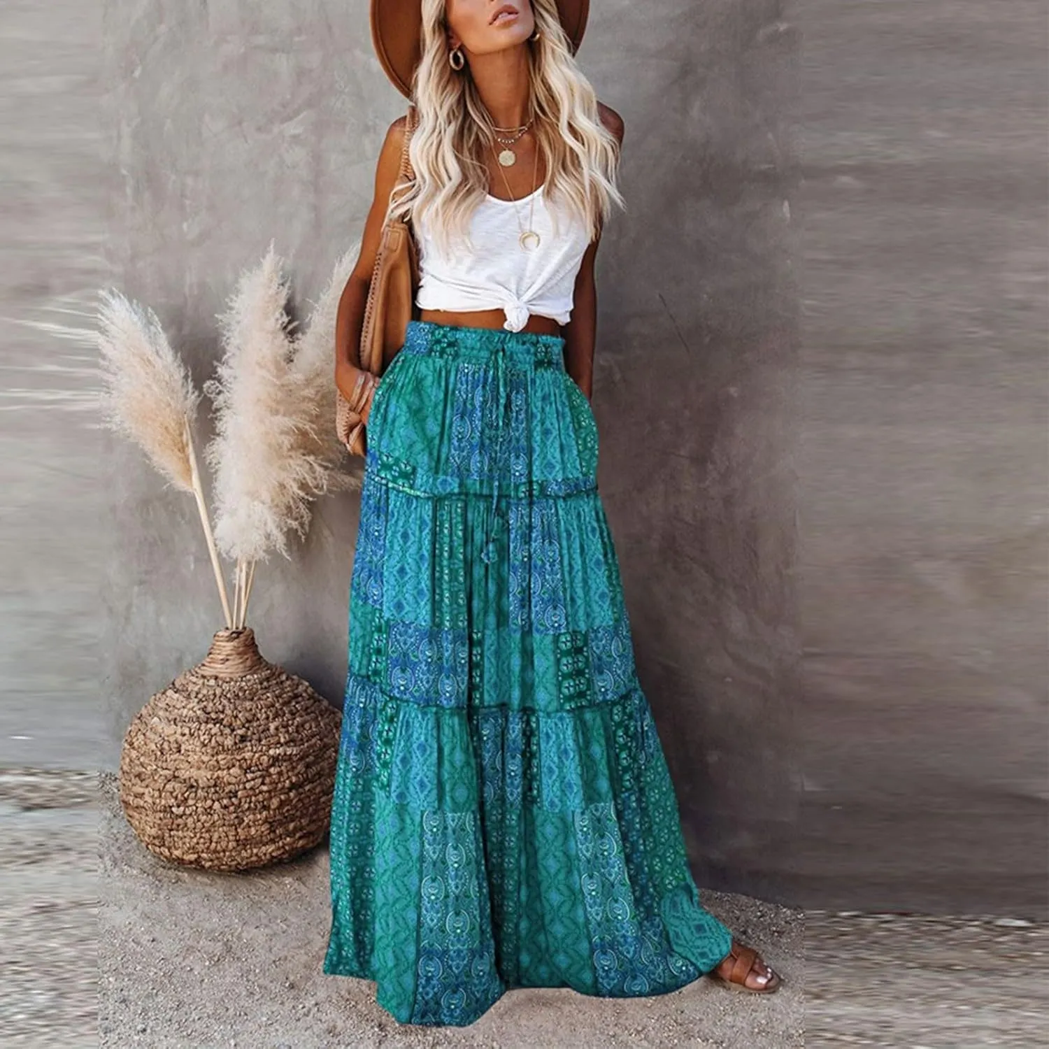 Womens Boho Tiered High Waist Tie Paisley Floral Print Long Maxi Skirt with Pockets