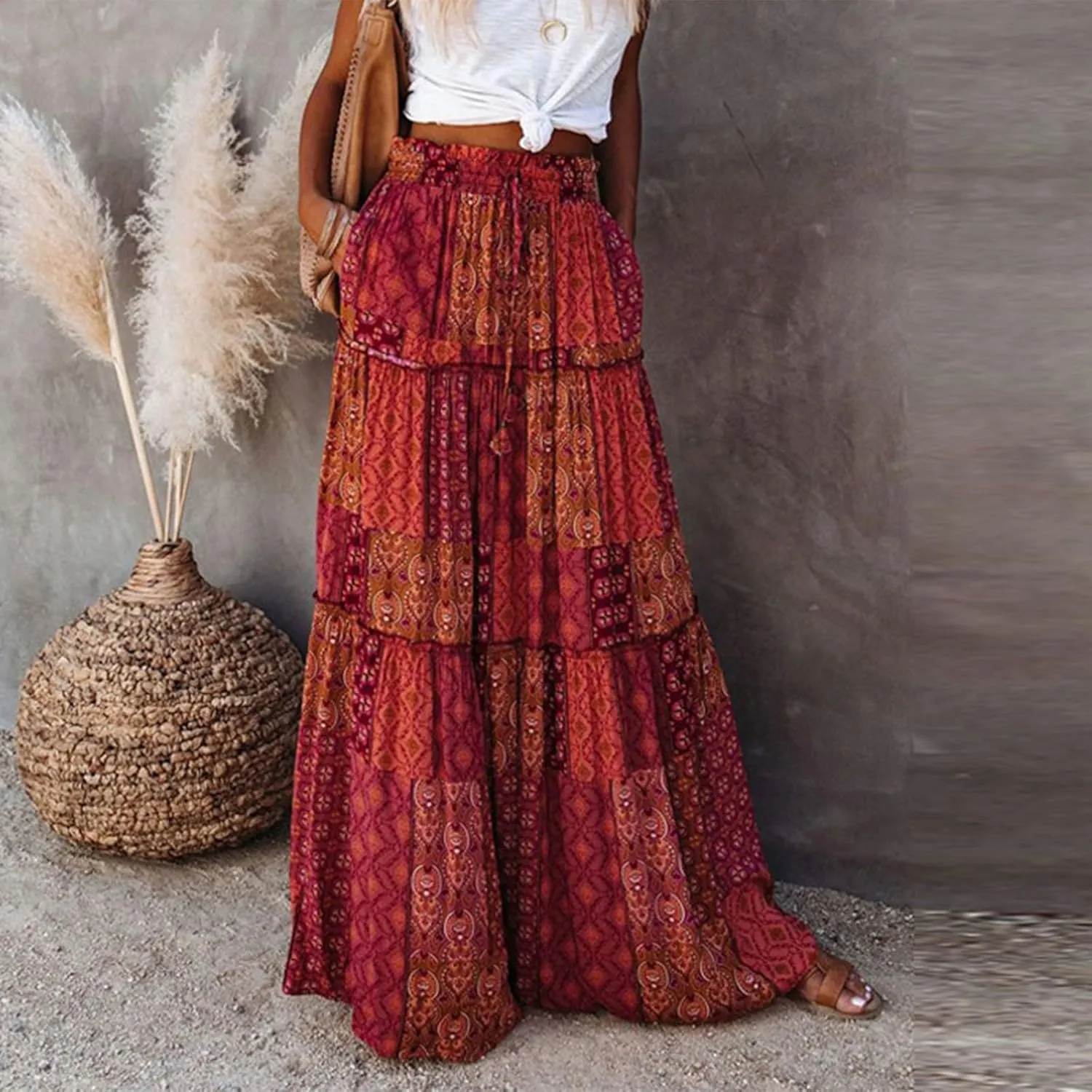 Womens Boho Tiered High Waist Tie Paisley Floral Print Long Maxi Skirt with Pockets