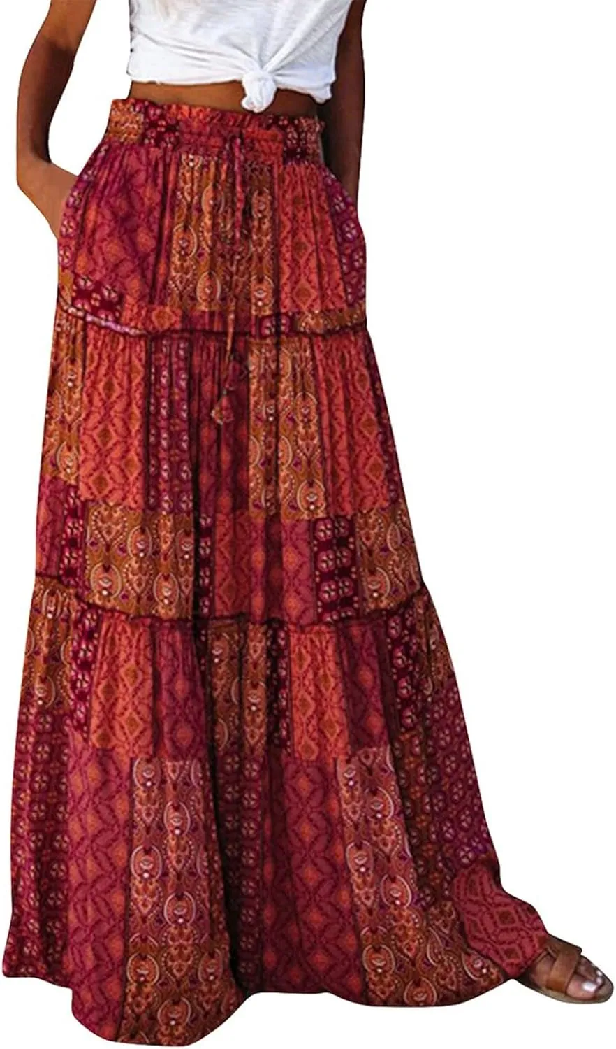 Womens Boho Tiered High Waist Tie Paisley Floral Print Long Maxi Skirt with Pockets