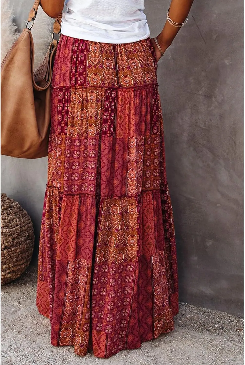 Womens Boho Tiered High Waist Tie Paisley Floral Print Long Maxi Skirt with Pockets