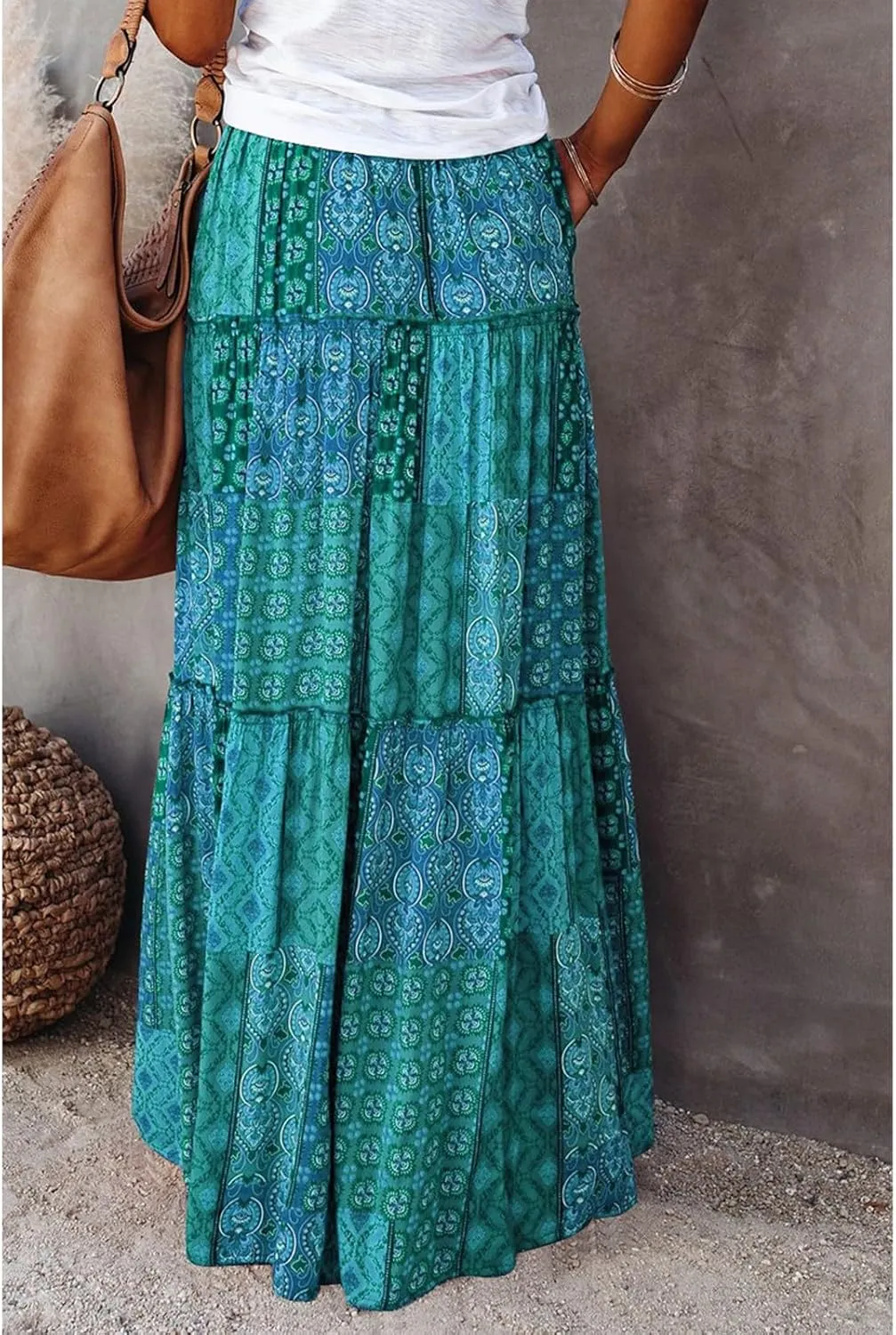 Womens Boho Tiered High Waist Tie Paisley Floral Print Long Maxi Skirt with Pockets