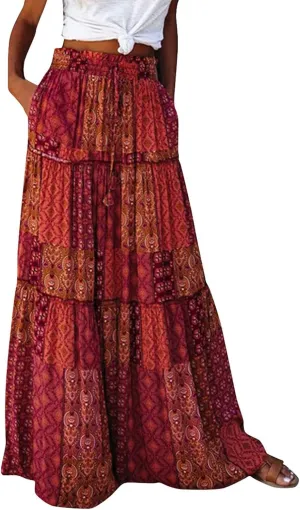 Womens Boho Tiered High Waist Tie Paisley Floral Print Long Maxi Skirt with Pockets