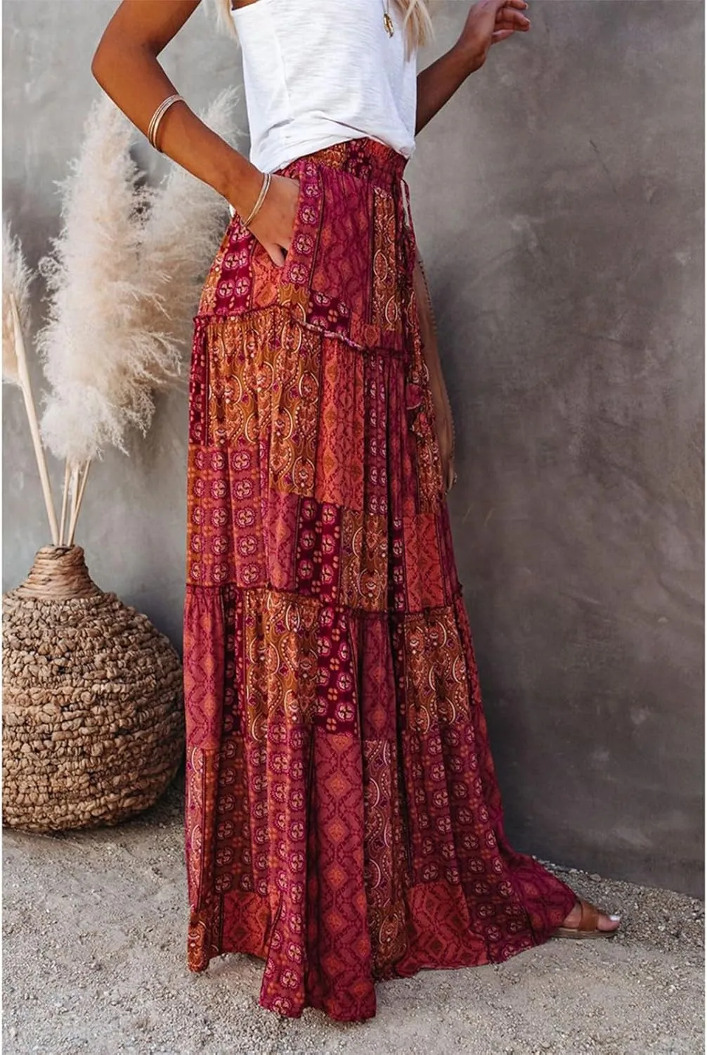 Womens Boho Tiered High Waist Tie Paisley Floral Print Long Maxi Skirt with Pockets
