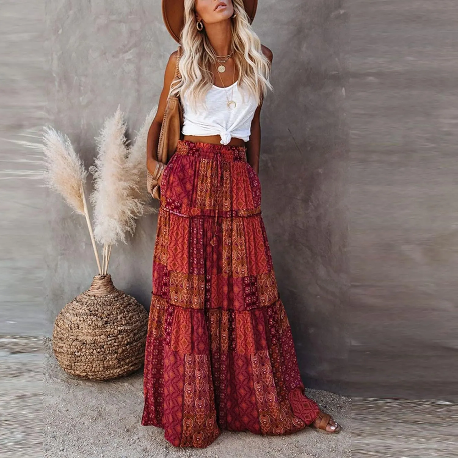Womens Boho Tiered High Waist Tie Paisley Floral Print Long Maxi Skirt with Pockets