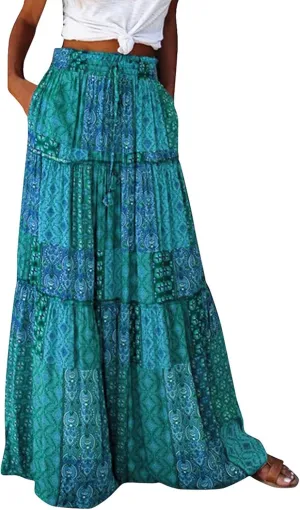 Womens Boho Tiered High Waist Tie Paisley Floral Print Long Maxi Skirt with Pockets
