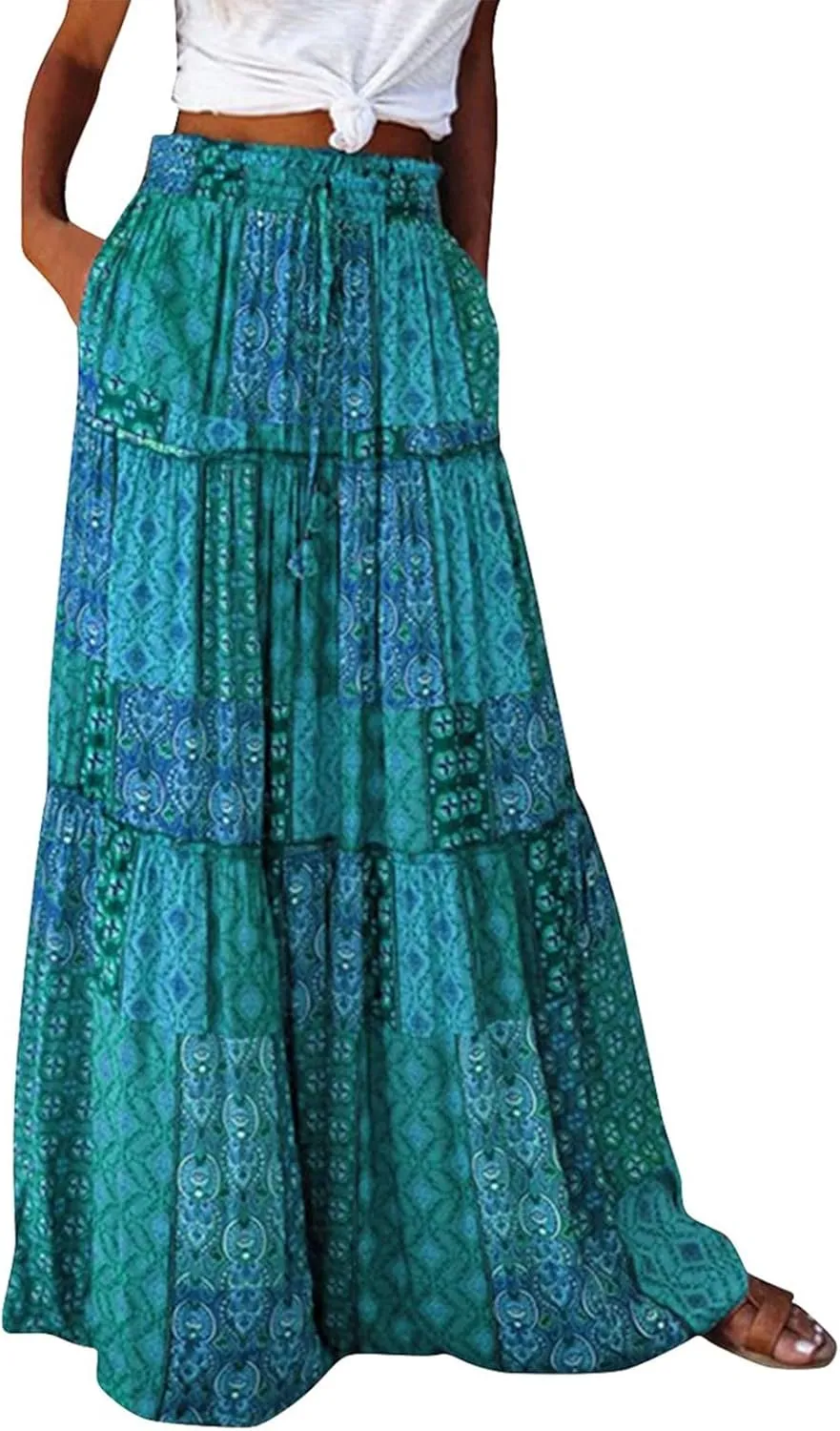 Womens Boho Tiered High Waist Tie Paisley Floral Print Long Maxi Skirt with Pockets