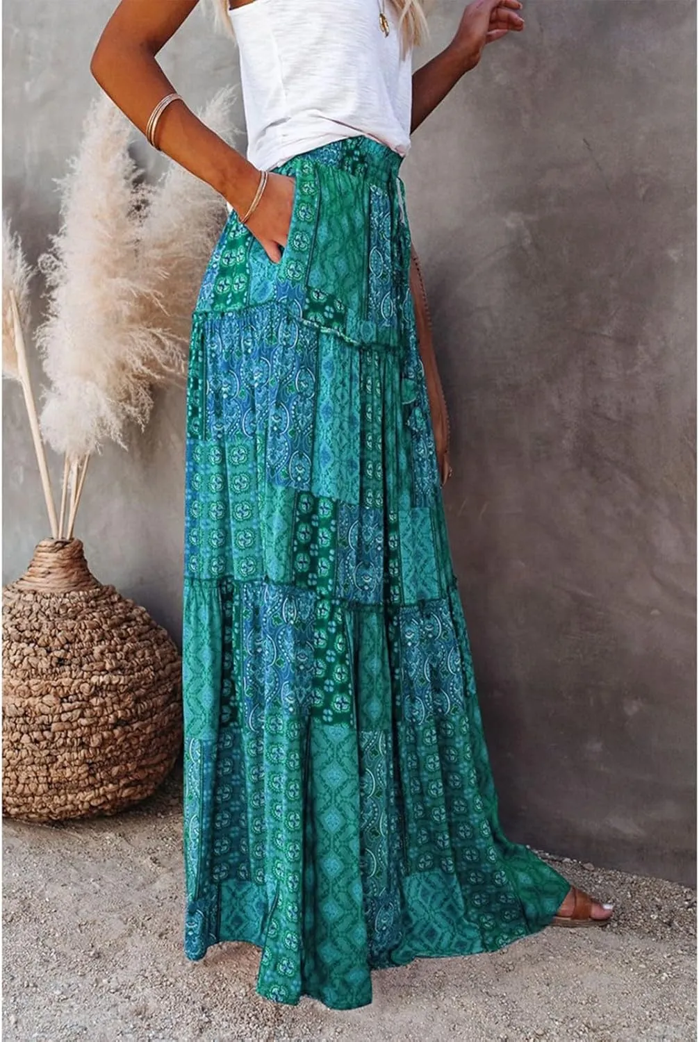 Womens Boho Tiered High Waist Tie Paisley Floral Print Long Maxi Skirt with Pockets