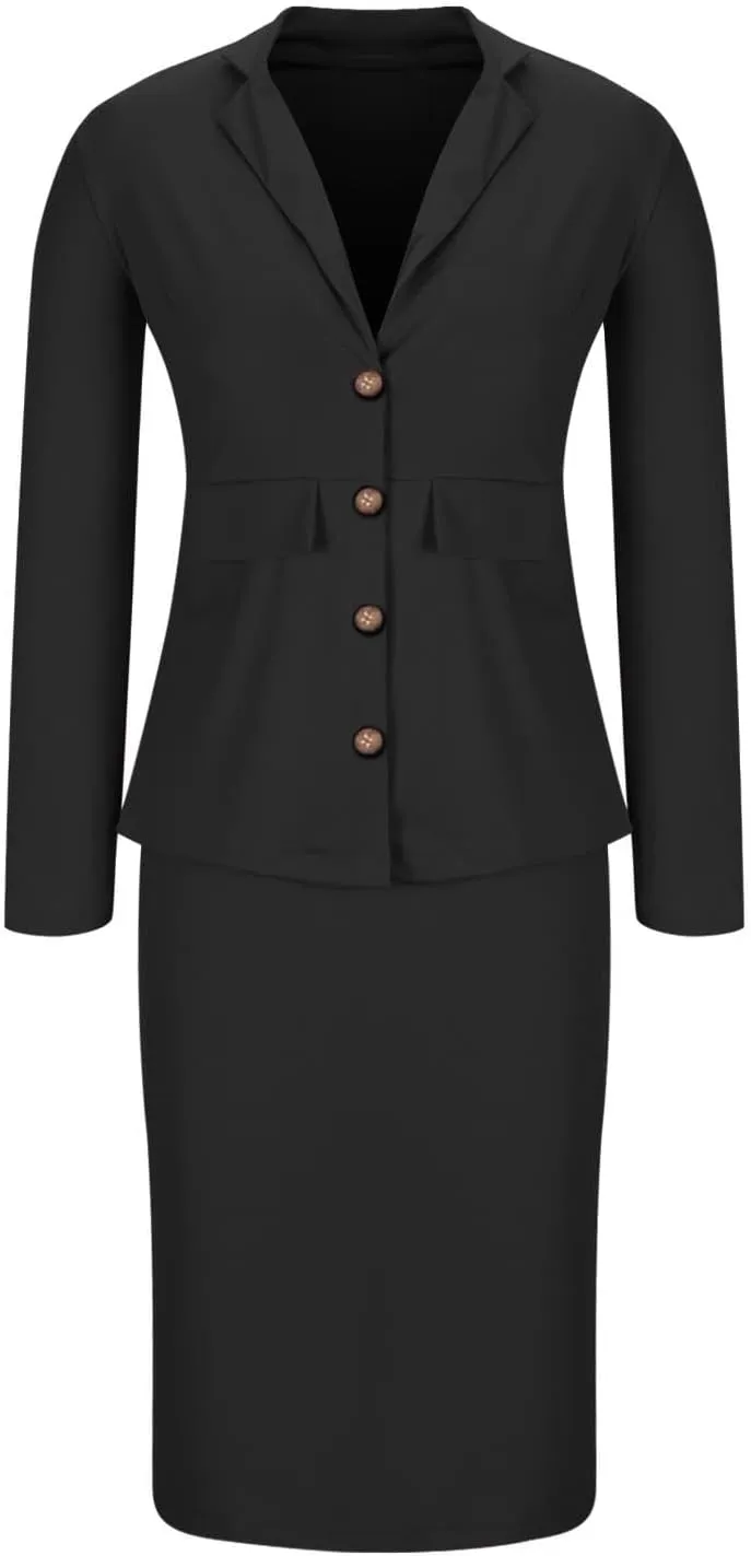 Women's Business Suit 2 Piece Long Sleeve Skirt Suit Set Lady Blazer Office Work Solid Color Slim Fit Jacket Outfits