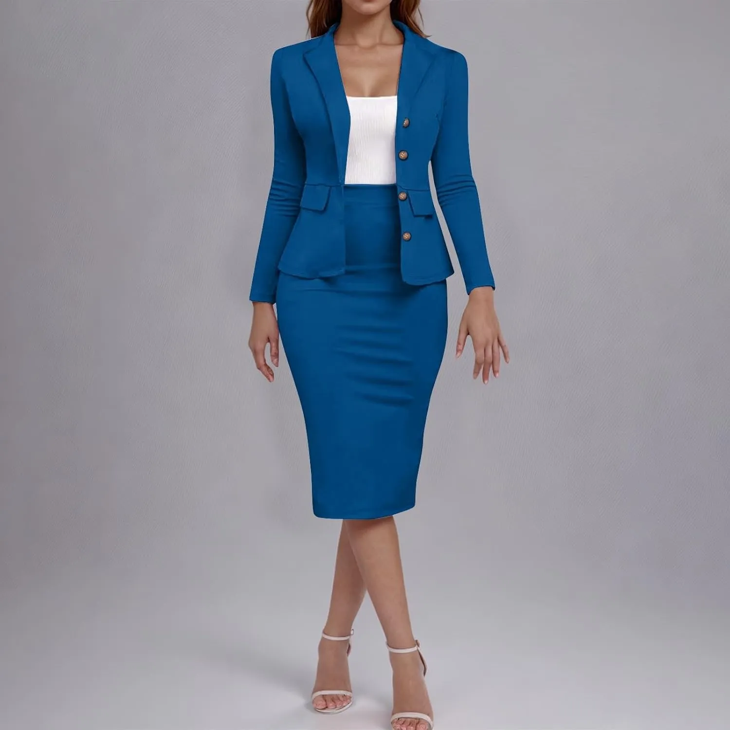 Women's Business Suit 2 Piece Long Sleeve Skirt Suit Set Lady Blazer Office Work Solid Color Slim Fit Jacket Outfits