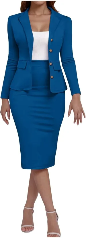 Women's Business Suit 2 Piece Long Sleeve Skirt Suit Set Lady Blazer Office Work Solid Color Slim Fit Jacket Outfits
