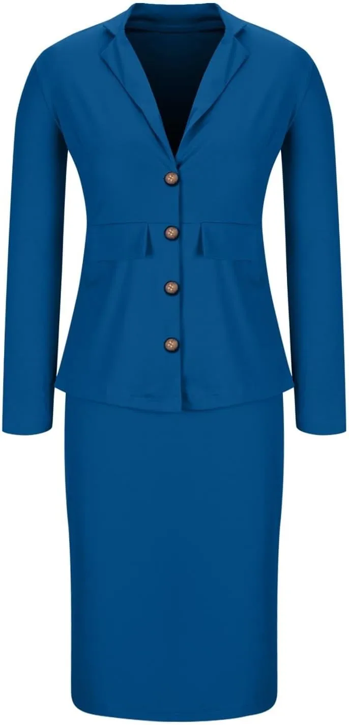 Women's Business Suit 2 Piece Long Sleeve Skirt Suit Set Lady Blazer Office Work Solid Color Slim Fit Jacket Outfits