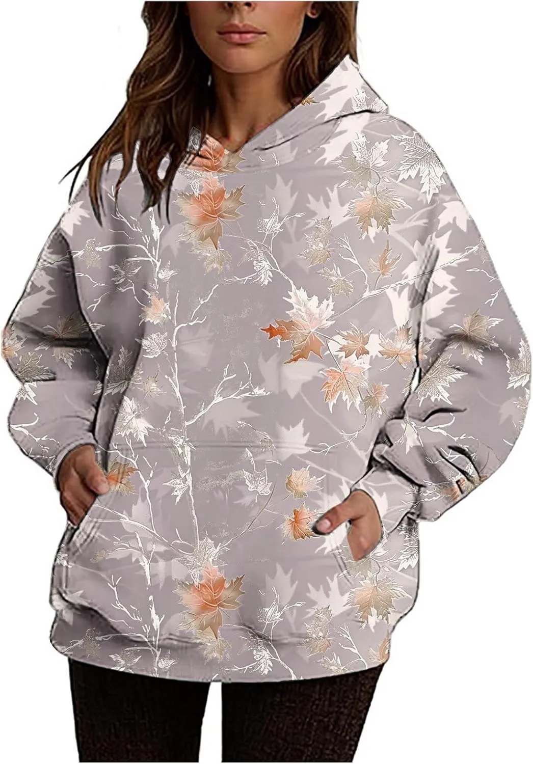 Womens Camo Hoodie Sweatshirt Oversized Maple Leaf Print Cute Hooded Sweatshirt Hoodies Pullover Trendy Fall Clothes