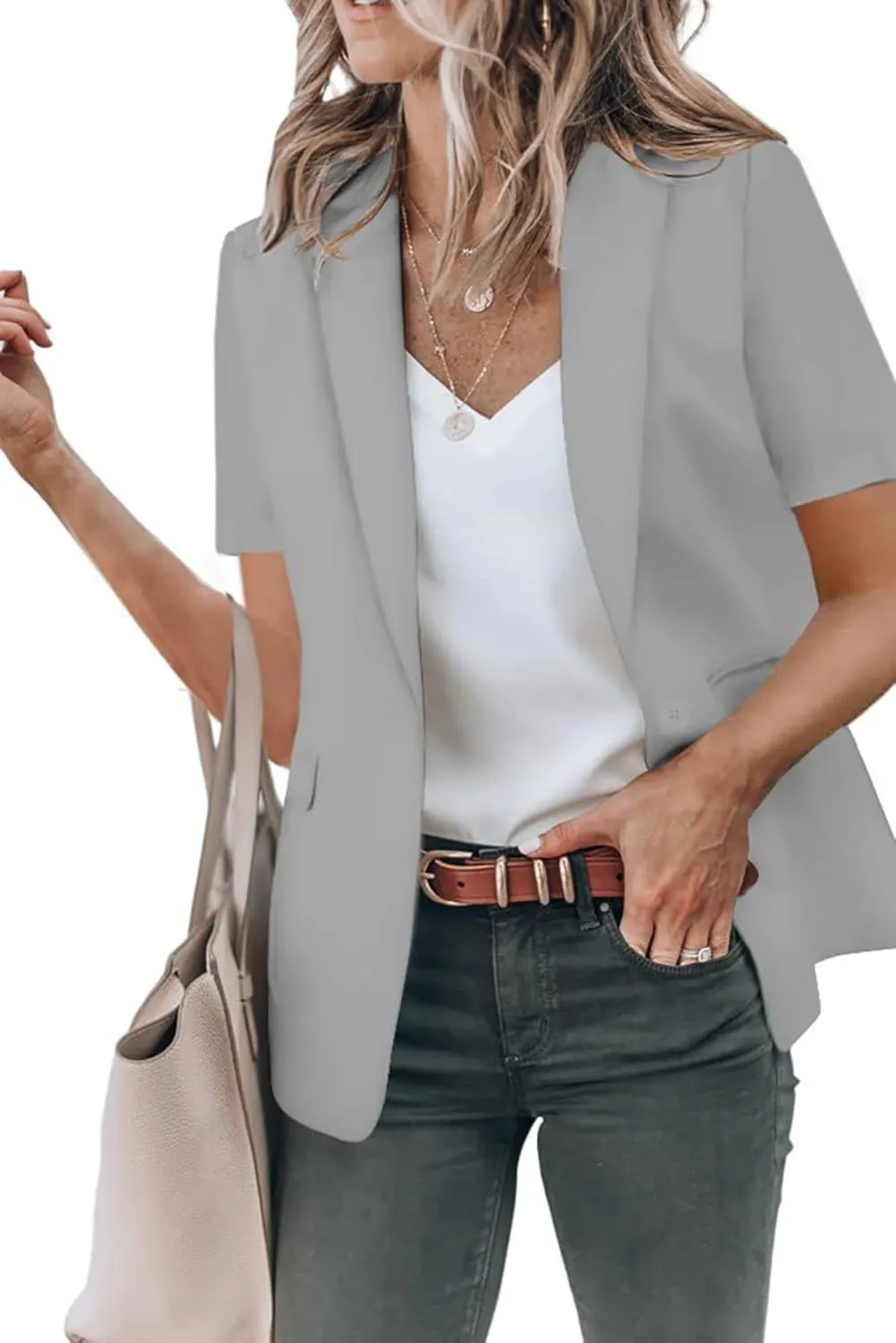Women's Casual Blazers Business Casual Short Sleeve Blazer Work Office Dressy Suit Jackets Solid Button Lapel Blazer