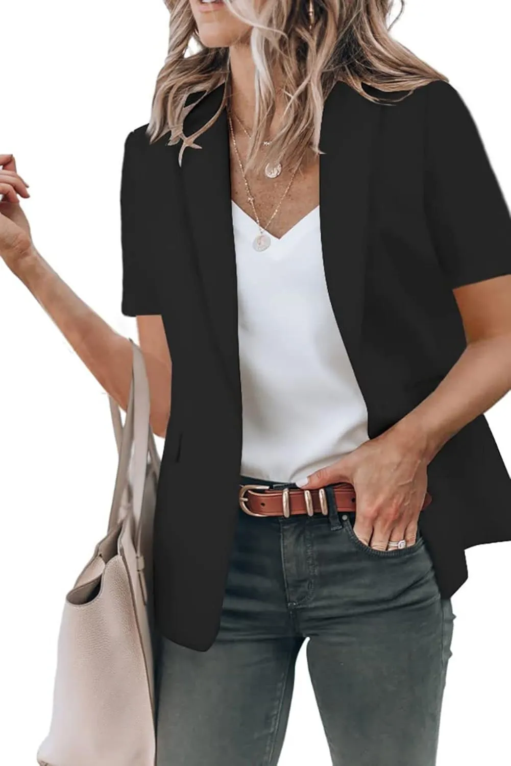 Women's Casual Blazers Business Casual Short Sleeve Blazer Work Office Dressy Suit Jackets Solid Button Lapel Blazer