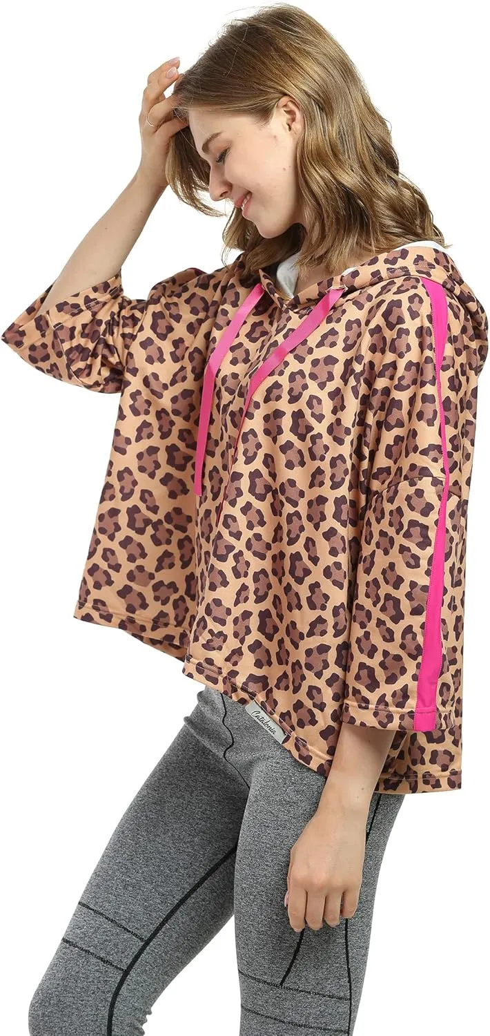 Womens Casual Cropped Hoodie, 3/4 Sleeve Loose Pullover Sweatshirt Crop Top