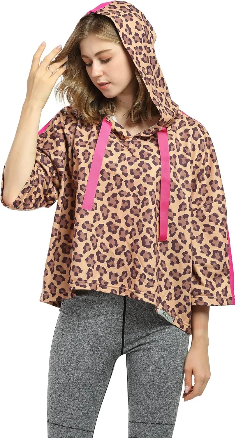 Womens Casual Cropped Hoodie, 3/4 Sleeve Loose Pullover Sweatshirt Crop Top