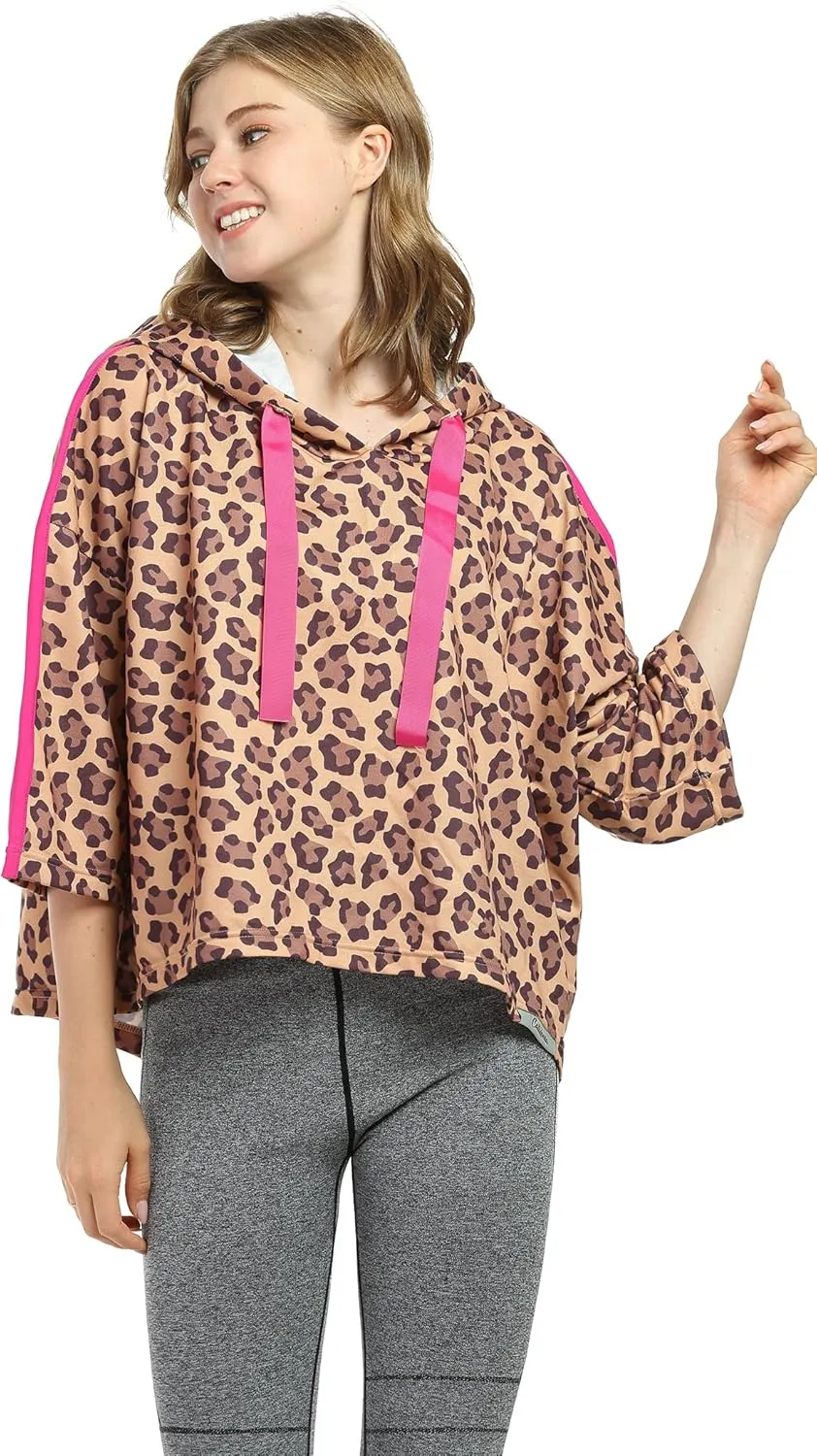 Womens Casual Cropped Hoodie, 3/4 Sleeve Loose Pullover Sweatshirt Crop Top