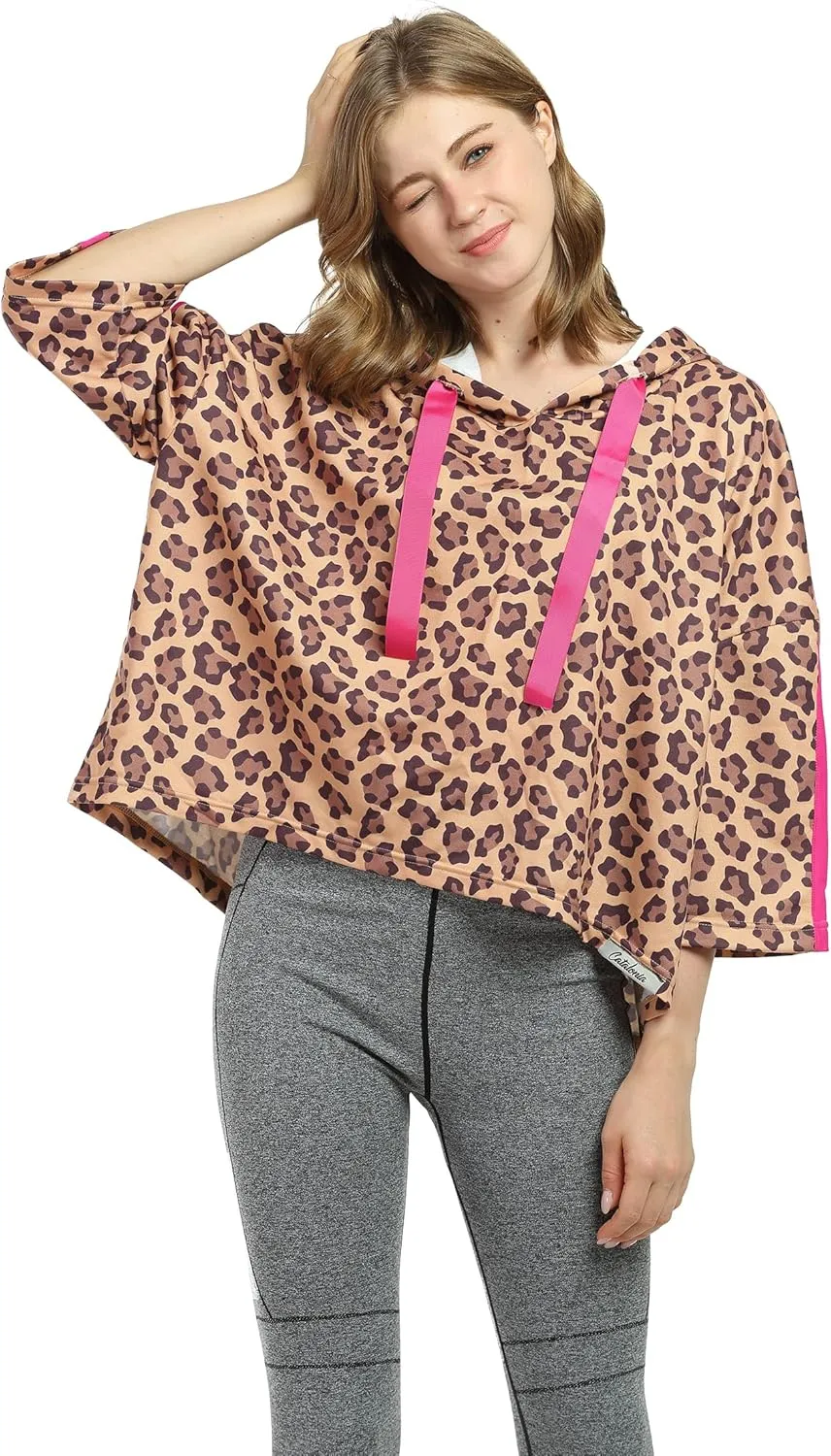 Womens Casual Cropped Hoodie, 3/4 Sleeve Loose Pullover Sweatshirt Crop Top