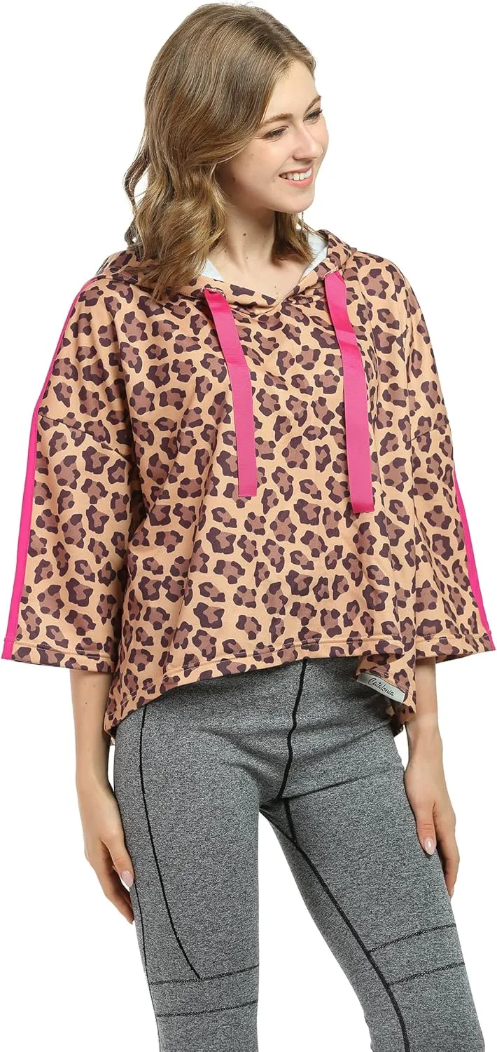 Womens Casual Cropped Hoodie, 3/4 Sleeve Loose Pullover Sweatshirt Crop Top