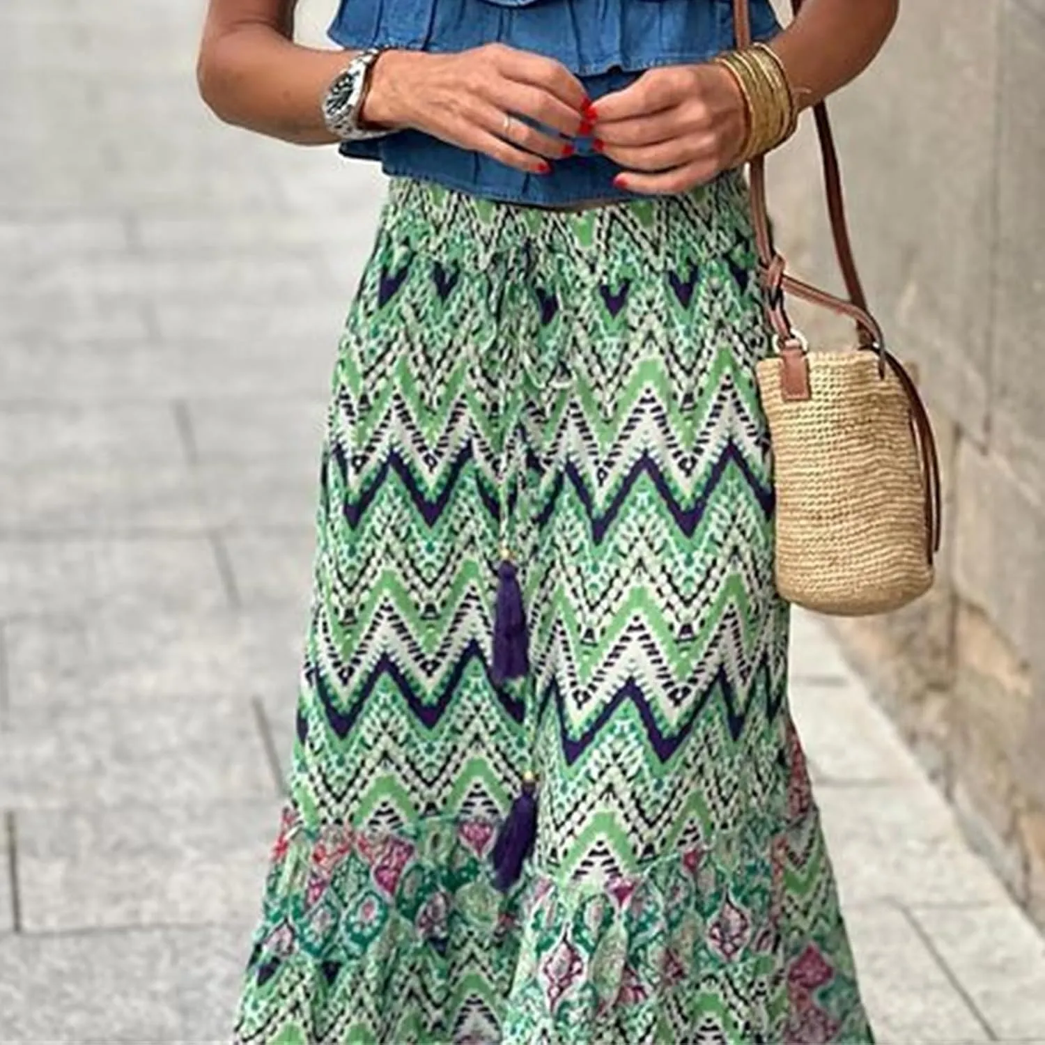 Womens Casual High Waist Maxi Skirts Summer Pleated Flowy Long Skirts Beach Vacation A Line Skirts Holiday Beachwear